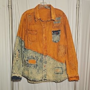 Vintage 90's Y2K Imperious Mens Orange Blue Denim Acid Distressed Wash Shirt XL